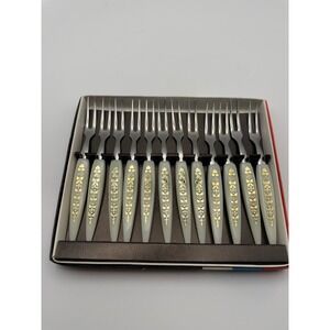 Vintage 12pc Mini Cocktail Forks Stainless Japan Gold Filigree Blue Handles Box
